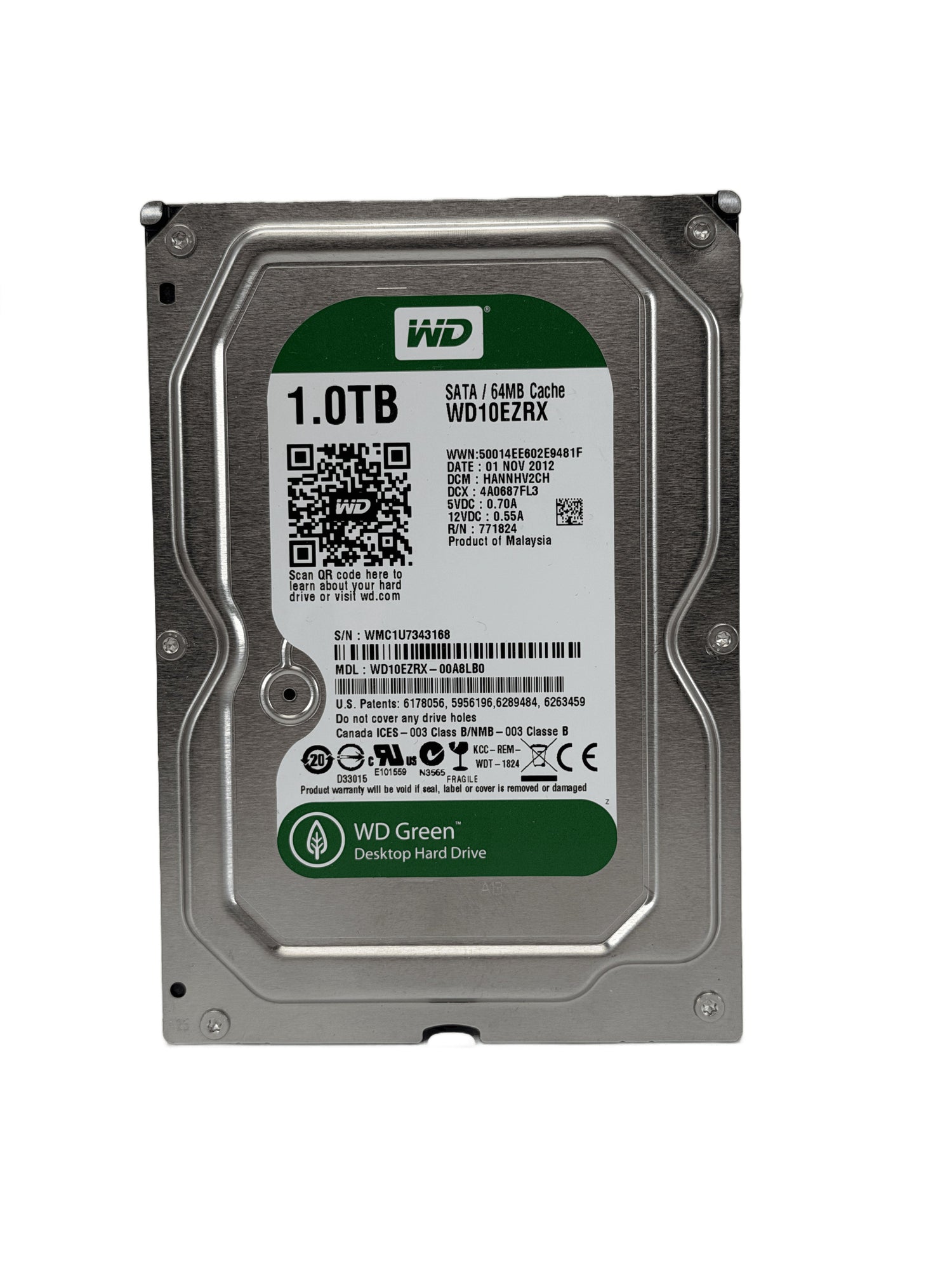 WD Green 1TB 3.5" SATA Hard Drive — Used, Working